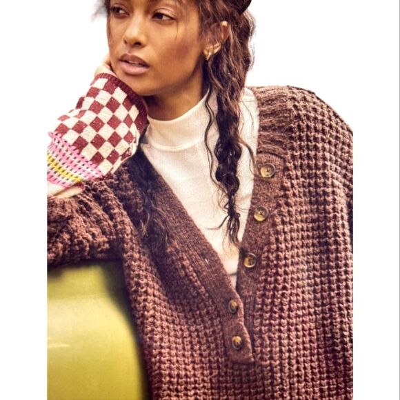 Free People Oversized Whistle Thermal Henley Sweater Brown - Picture 12 of 13